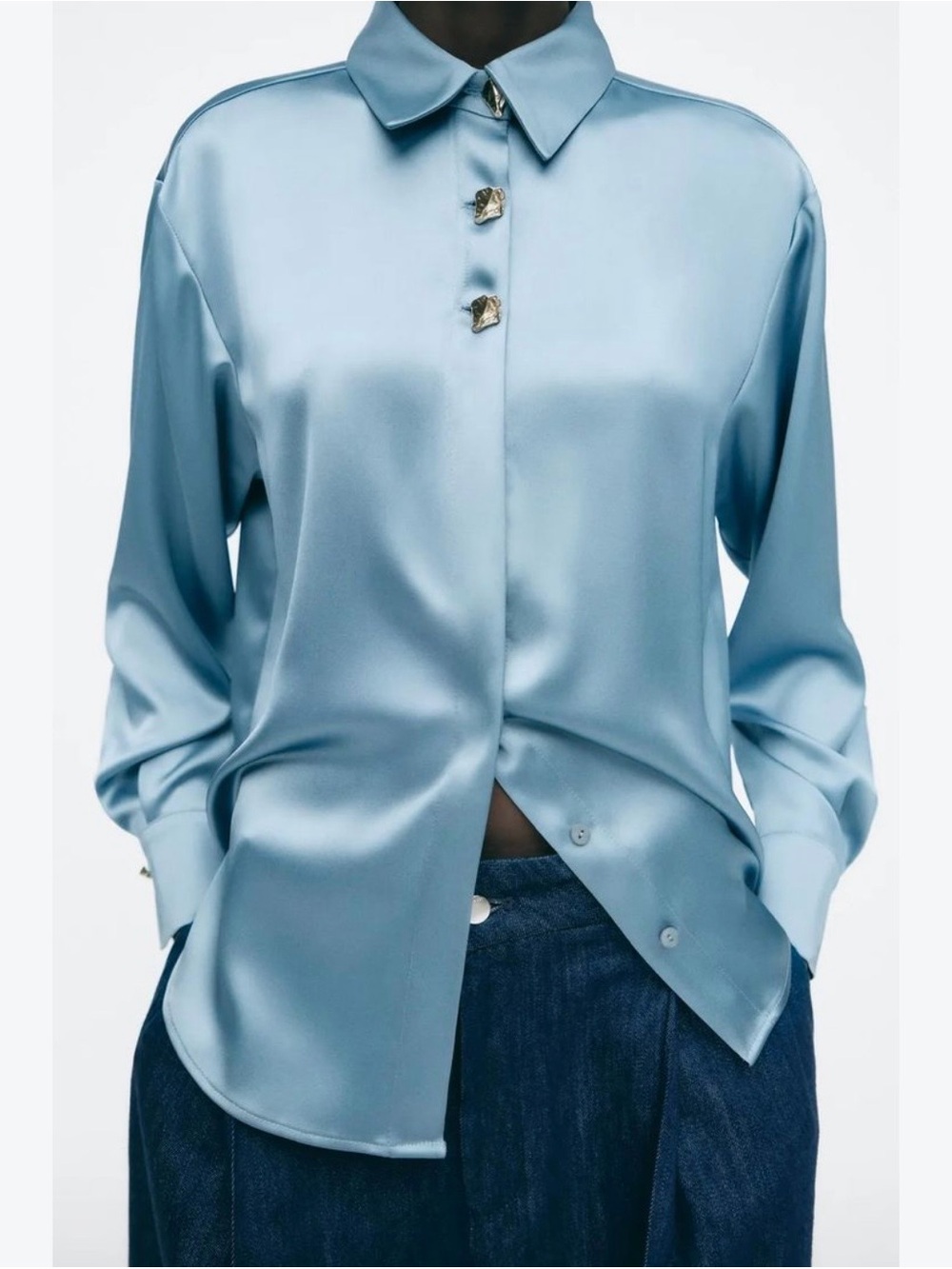 Zara Powder Blue Satin Button-Down Shirt